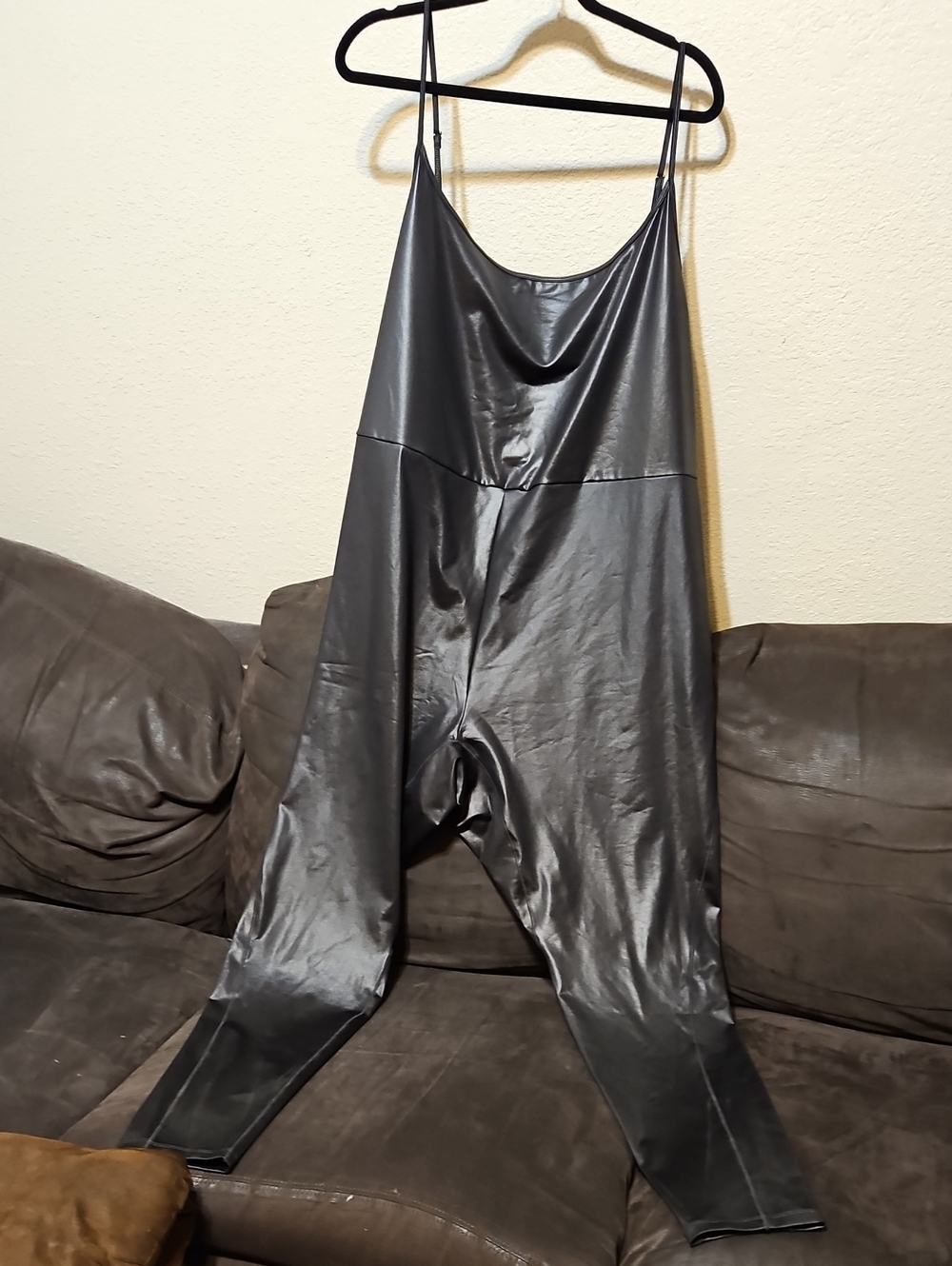 wild fable Black Faux-Leather Spaghetti-Strap Jumpsuit